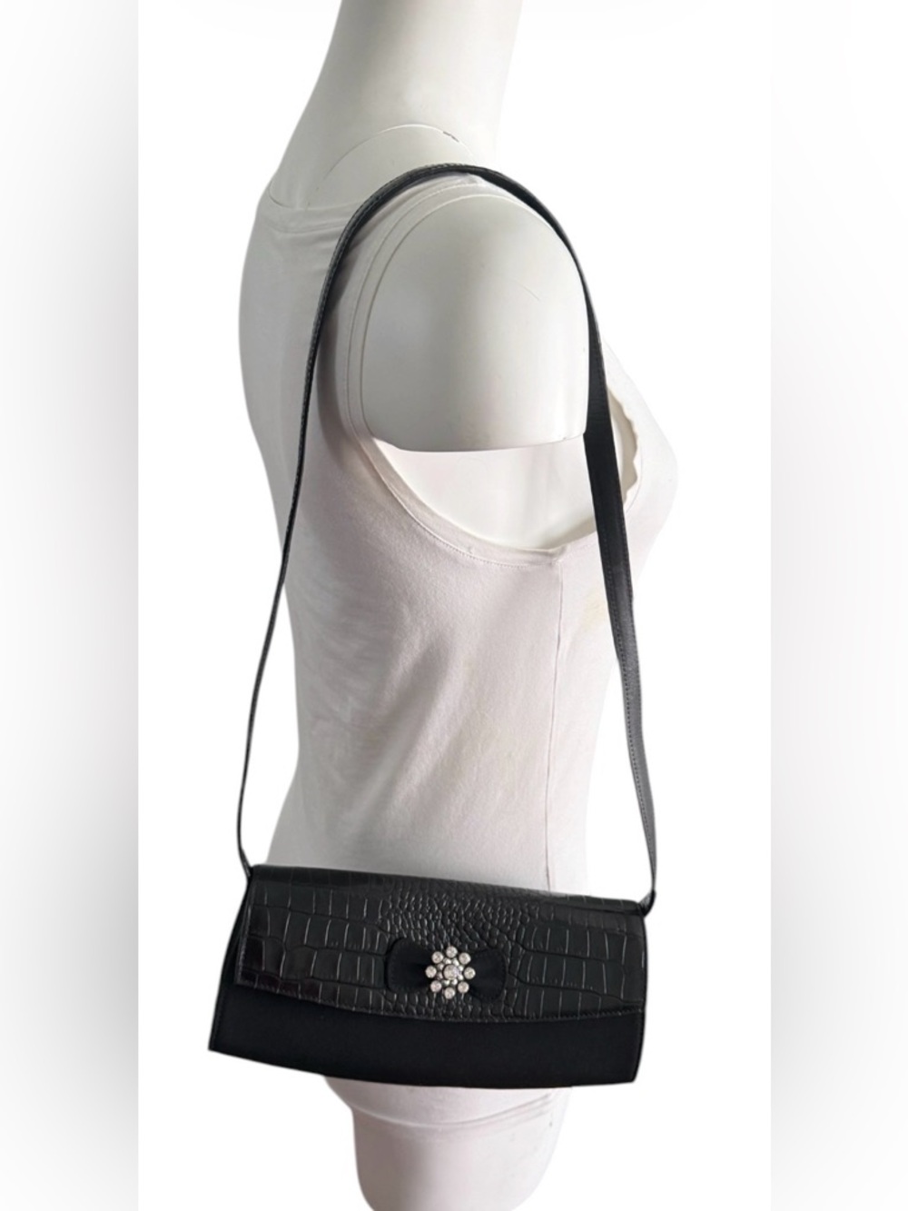 Brighton Convertible Shoulder/Clutch Bag Rhinestone Black Croc Leather Fabric